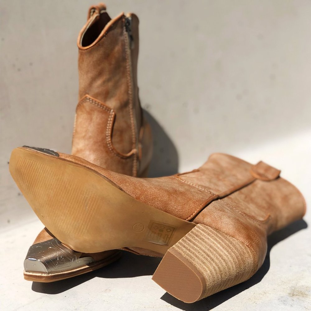 NEW Distressed Nude PU Leather Metal Toe Block Heel Cowgirl Western Ankle Boots - Picture 6 of 15